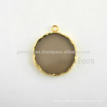 Smoky Quartz Slice Gemstone Bezel Charm, Wholesale Gold Plated Sterling Silver Bezel Connector and Charms